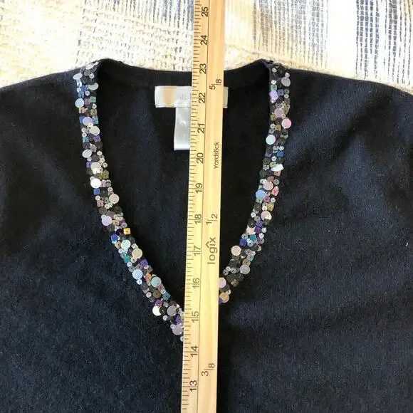 McDuff Womens 100% Cashmere V-Neck Sweater Sz L Black Sequin Soft - Picture 7 of 7